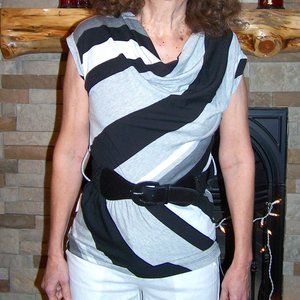 A. BYER     GREY / WHITE and BLACK STRIPED SHIRT w BELT TIE